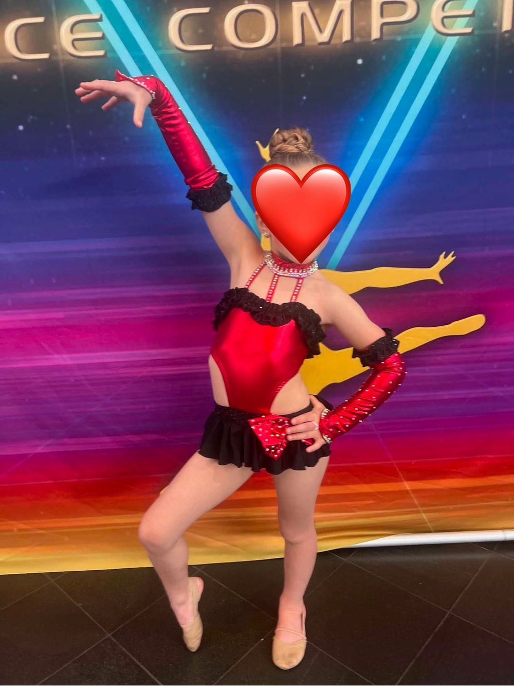 Red and Black Girls' Dance Costume with Arm Sleeves